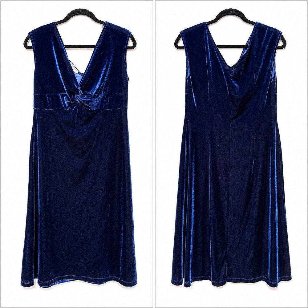 Lizzatti Women’s Size 14 Blue Velvet Midi Dress Sleeveless Twist Front Holiday